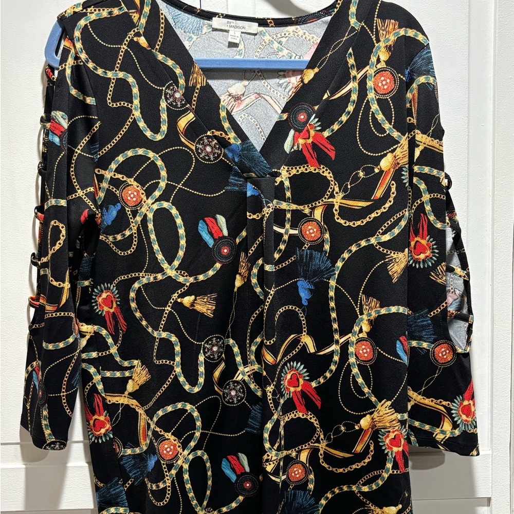 89th & Madison Black Chain Print Blouse Size Large‎